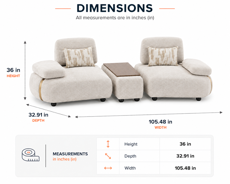 Aria Boucle 3 Seater Lounge Sofa with Walnut Center Table - Cream Beige - Dimensions by Febonic Living