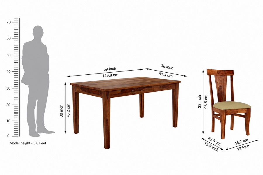 Aspen Solid Sheesham Wood 6 Seater Dining Table Set - Walnut Finish - Dimensions by Febonic Living