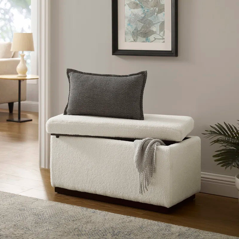 Reju Boucle Fabric Ottoman In Bright White Colour With Storage - Febonic Living