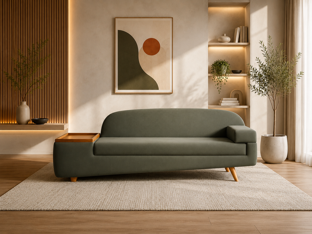 Aura Modern Chaise Lounge Sofa with Wooden Side Table - Olive Grey -  Living View by Febonic Living