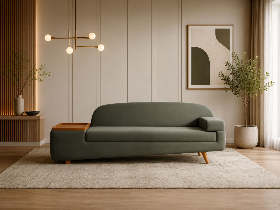 Aura Modern Chaise Lounge Sofa with Wooden Side Table - Olive Grey - Living View 1 by Febonic Living