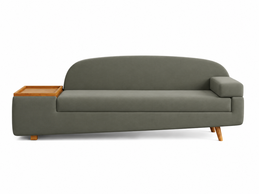 Aura Modern Chaise Lounge Sofa with Wooden Side Table - Olive Grey - Front View by Febonic Living