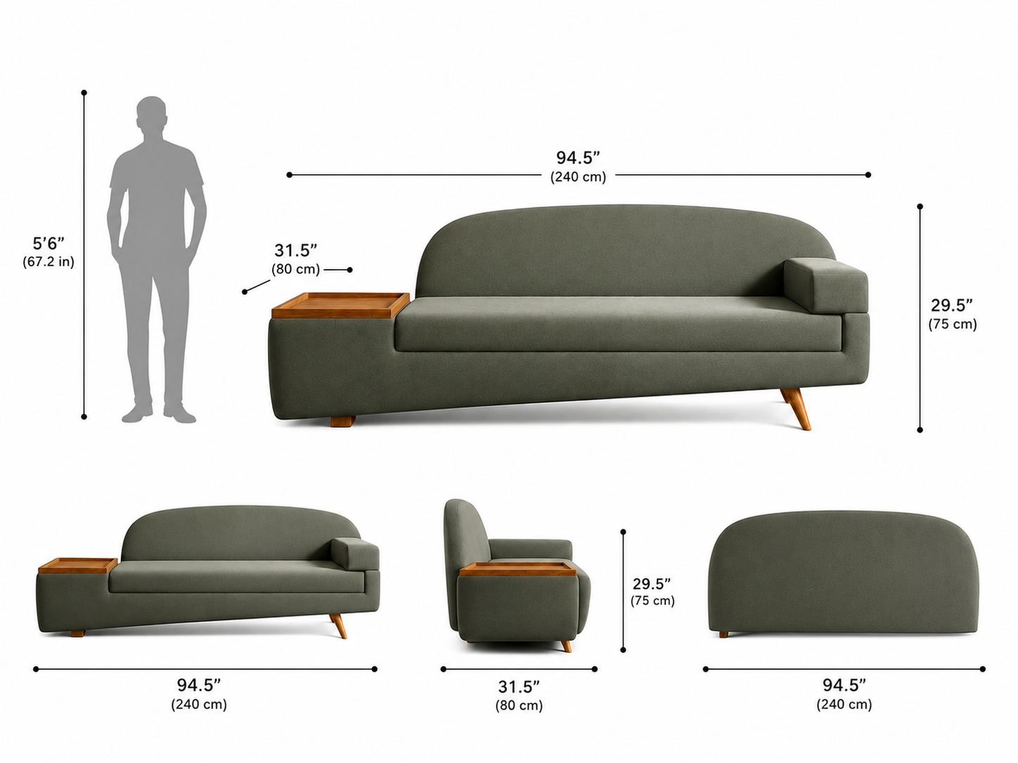 Aura Modern Chaise Lounge Sofa with Wooden Side Table - Olive Grey - Dimensions by Febonic Living