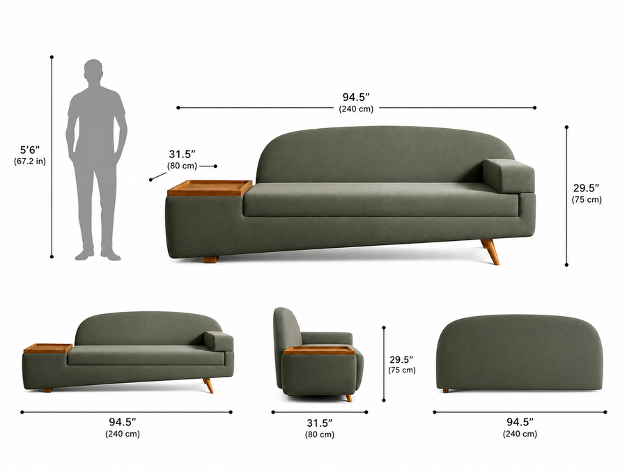 Aura Modern Chaise Lounge Sofa with Wooden Side Table - Olive Grey - Dimensions by Febonic Living