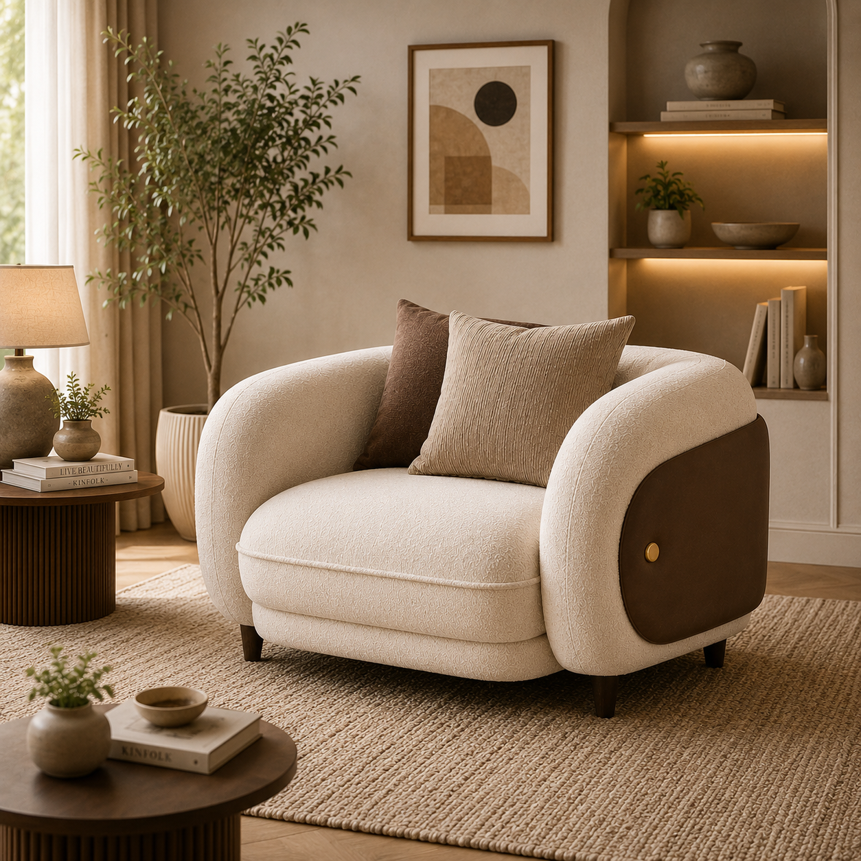Aurevane Sculpted 1 Seater Fabric Sofa with Leatherette Cladding - Ivory Cream & Brown - Living View by Febonic Living
