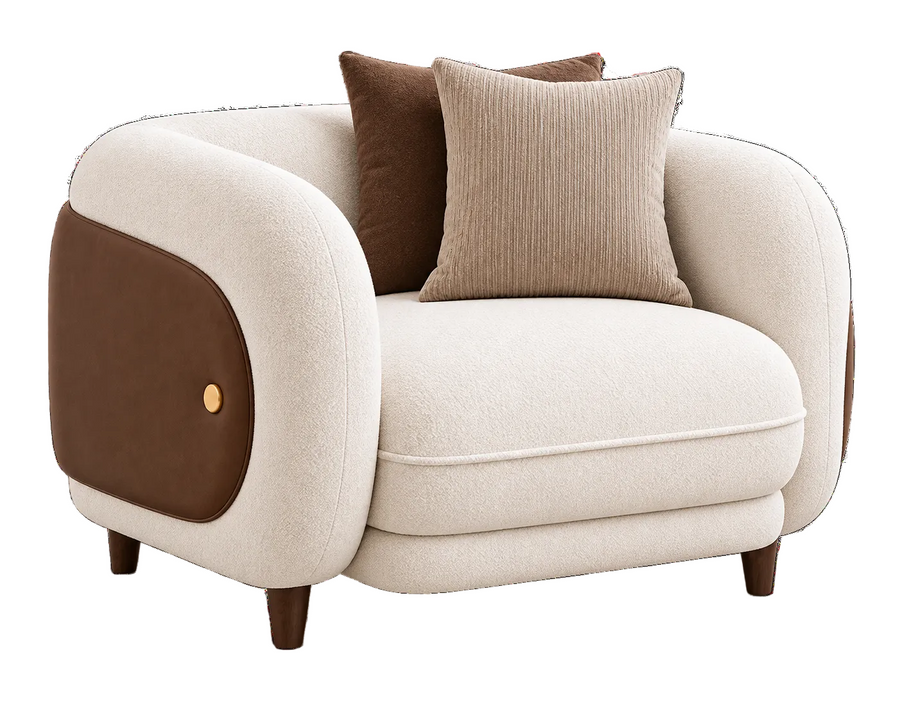 Aurevane Sculpted 1 Seater Fabric Sofa with Leatherette Cladding - Ivory Cream & Brown - Slant View by Febonic Living