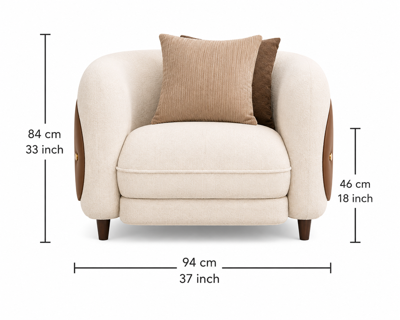Aurevane Sculpted 1 Seater Fabric Sofa with Leatherette Cladding - Ivory Cream & Brown - Dimensions by Febonic Living