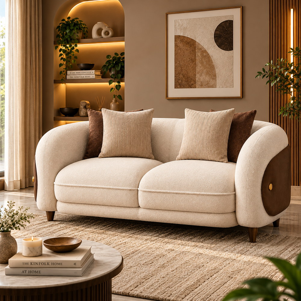Aurevane Sculpted 2 Seater Fabric Sofa with Leatherette Cladding - Ivory Cream & Brown - Living View by Febonic Living