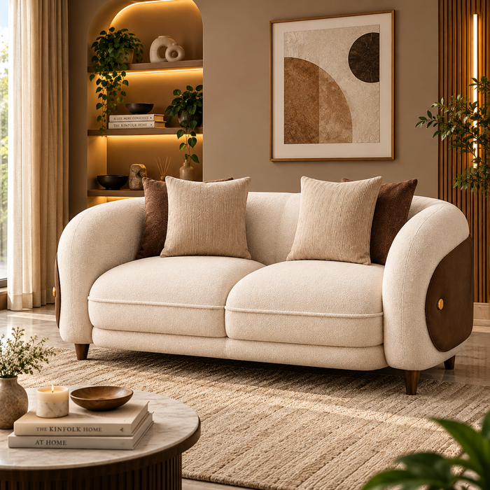 Aurevane Sculpted 2 Seater Fabric Sofa with Leatherette Cladding - Ivory Cream & Brown - Living View by Febonic Living