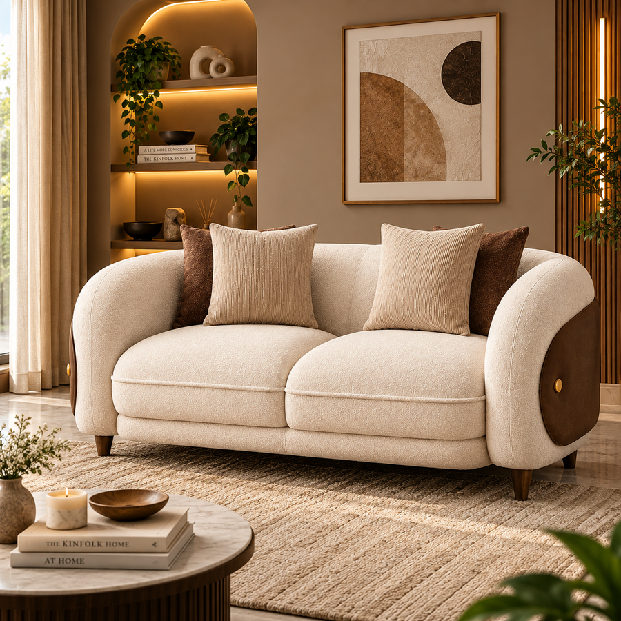 Aurevane Sculpted 2 Seater Fabric Sofa with Leatherette Cladding - Ivory Cream & Brown - Living View by Febonic Living