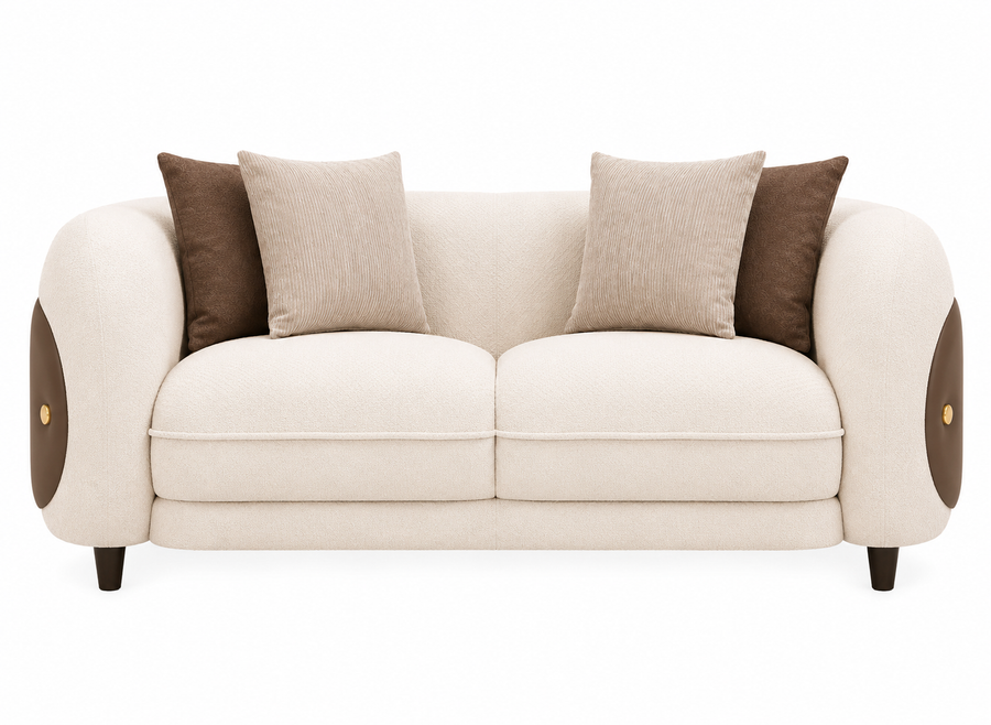 Aurevane Sculpted 2 Seater Fabric Sofa with Leatherette Cladding - Ivory Cream & Brown - Front View by Febonic Living