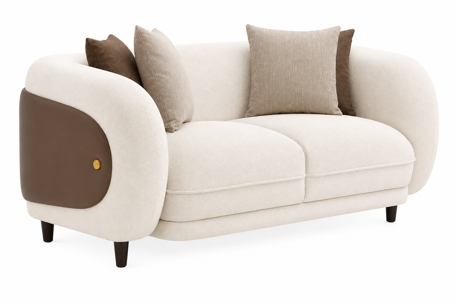Aurevane Sculpted 2 Seater Fabric Sofa with Leatherette Cladding - Ivory Cream & Brown - Slant View by Febonic Living