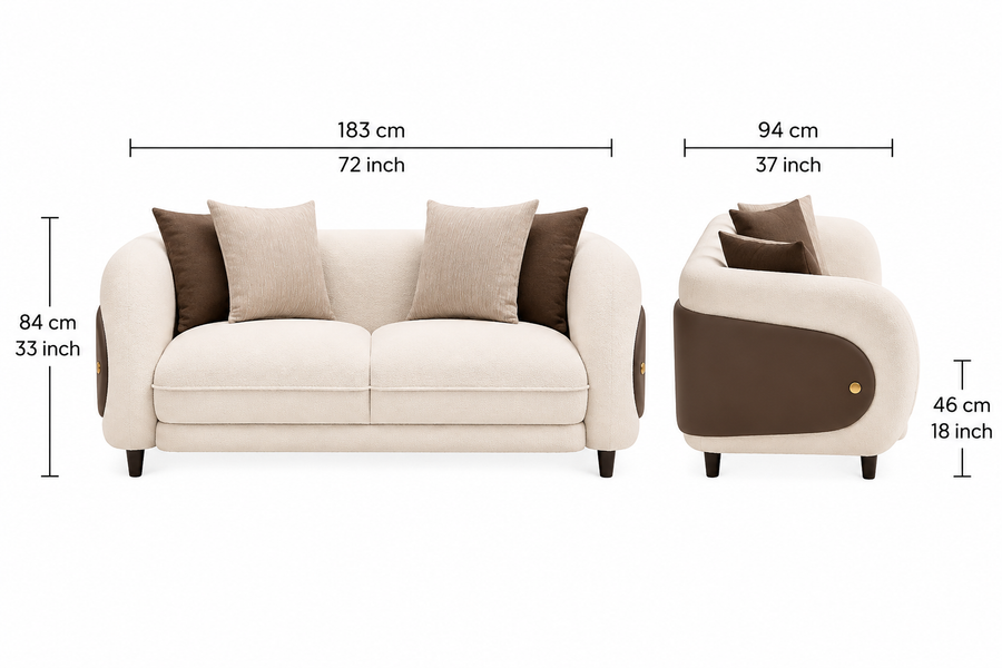 Aurevane Sculpted 2 Seater Fabric Sofa with Leatherette Cladding - Ivory Cream & Brown - Dimensions by Febonic Living