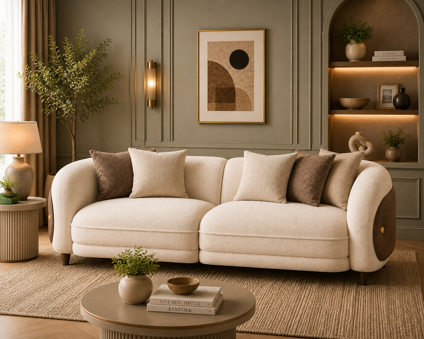Aurevane Sculpted 3 Seater Fabric Sofa with Leatherette Cladding - Ivory Cream & Brown - Living View by Febonic Living