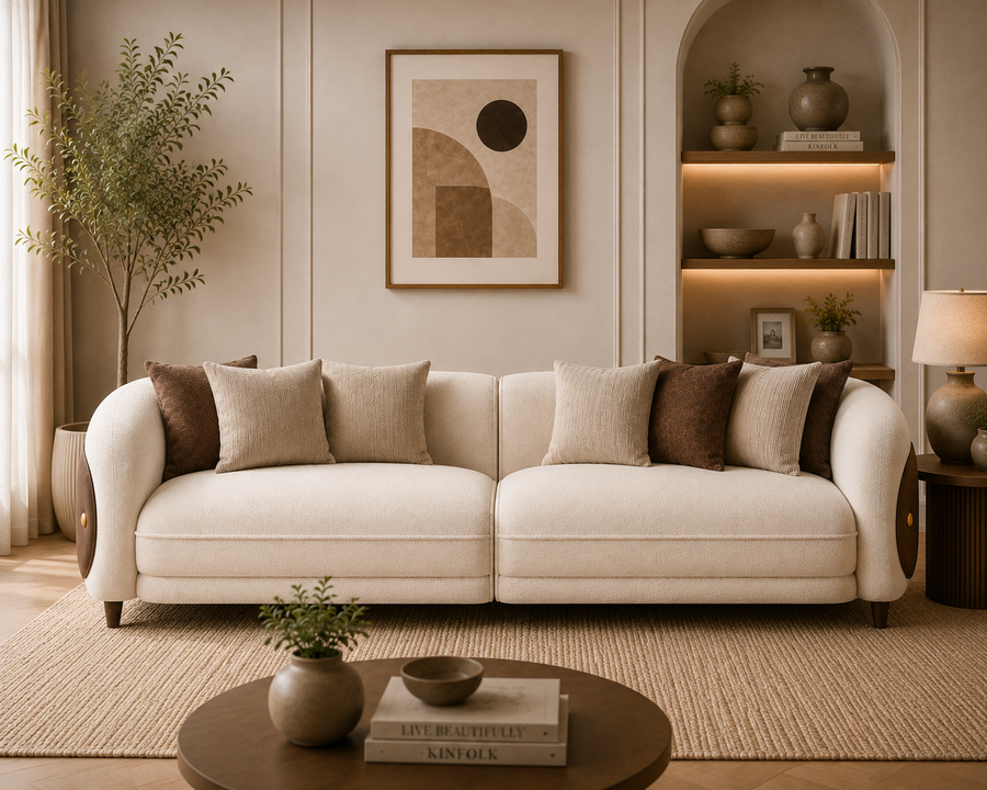 Aurevane Sculpted 3 Seater Fabric Sofa with Leatherette Cladding - Ivory Cream & Brown - Living View 1 by Febonic Living