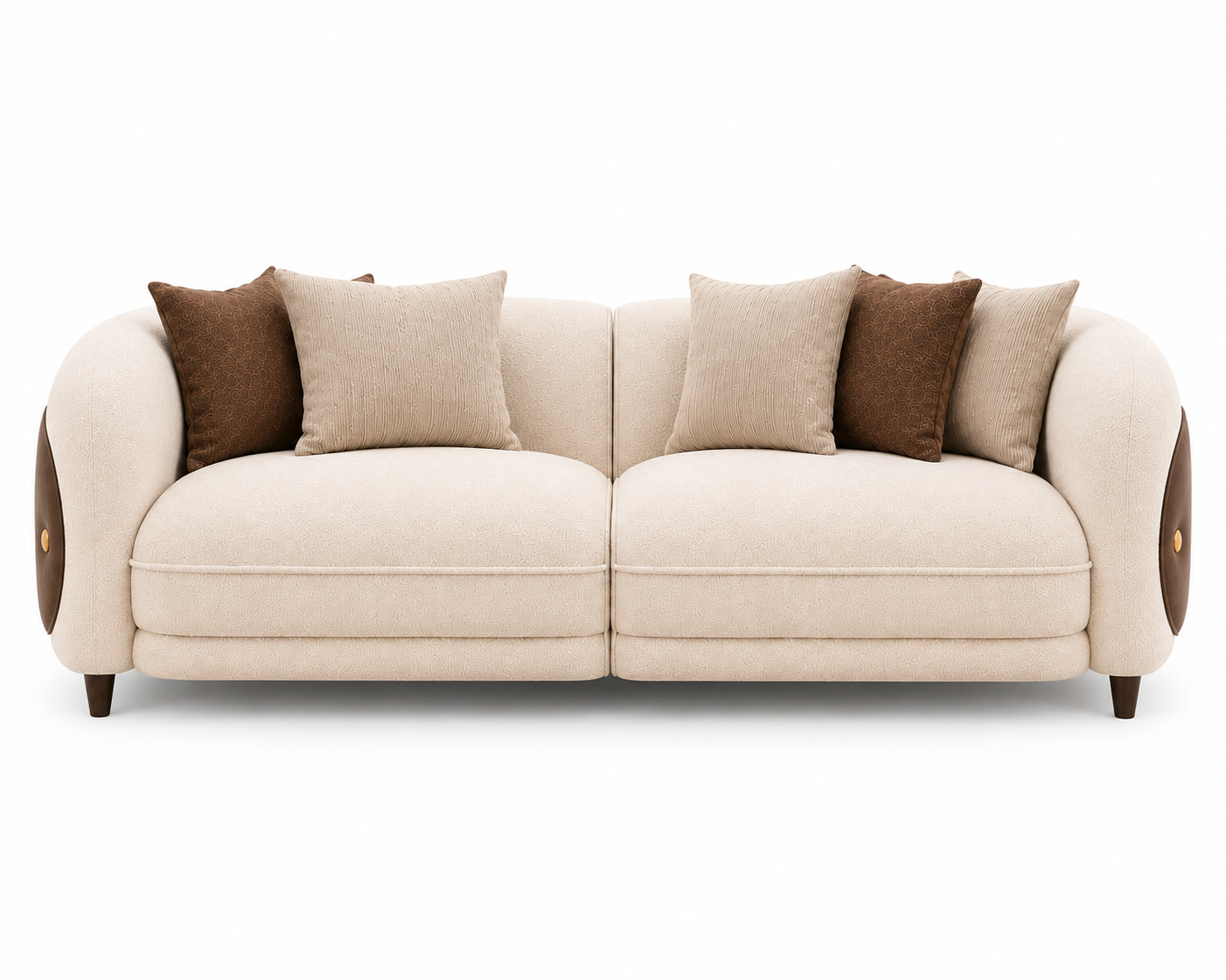 Aurevane Sculpted 3 Seater Fabric Sofa with Leatherette Cladding - Ivory Cream & Brown - Front View by Febonic Living