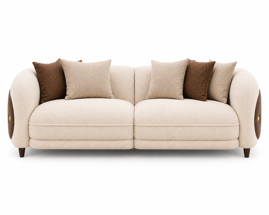 Aurevane Sculpted 3 Seater Fabric Sofa with Leatherette Cladding - Ivory Cream & Brown - Front View by Febonic Living