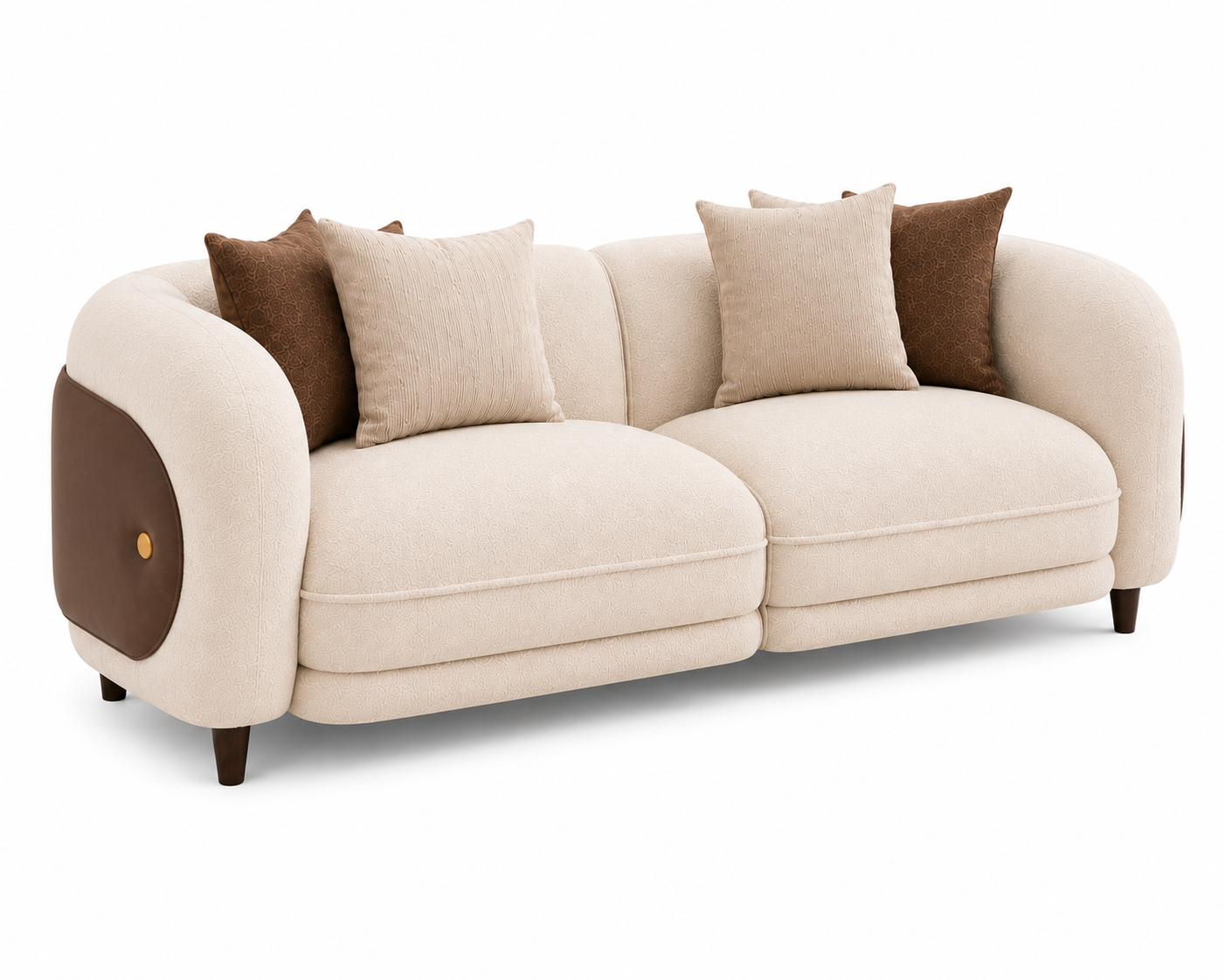 Aurevane Sculpted 3 Seater Fabric Sofa with Leatherette Cladding - Ivory Cream & Brown - Slant View by Febonic Living