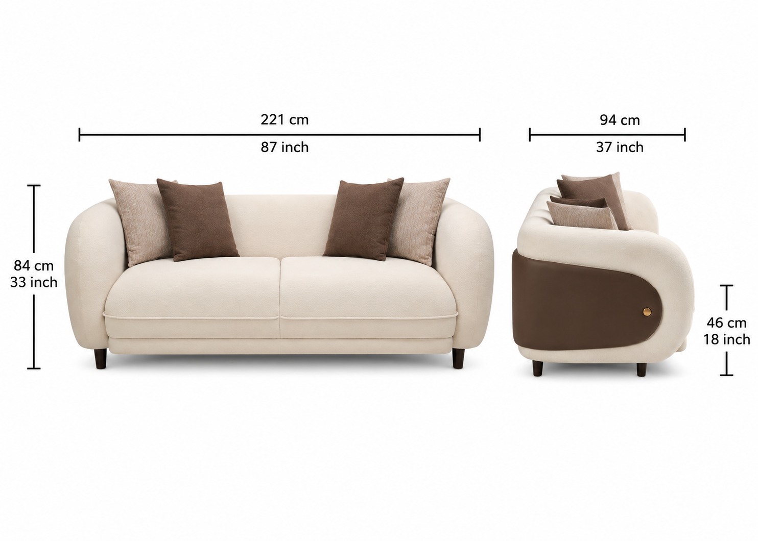 Aurevane Sculpted 3 Seater Fabric Sofa with Leatherette Cladding - Ivory Cream & Brown - Dimensions by Febonic Living