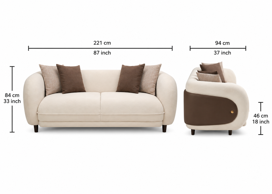 Aurevane Sculpted 3 Seater Fabric Sofa with Leatherette Cladding - Ivory Cream & Brown - Dimensions by Febonic Living