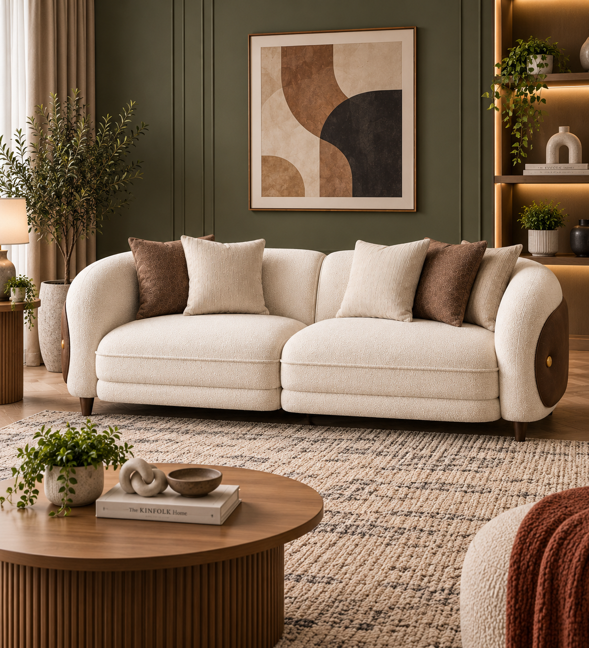 Aurevane Sculpted 3 Seater Fabric Sofa with Leatherette Cladding - Ivory Cream & Brown