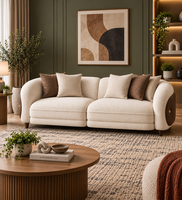 Aurevane Sculpted 3 Seater Fabric Sofa with Leatherette Cladding - Ivory Cream & Brown