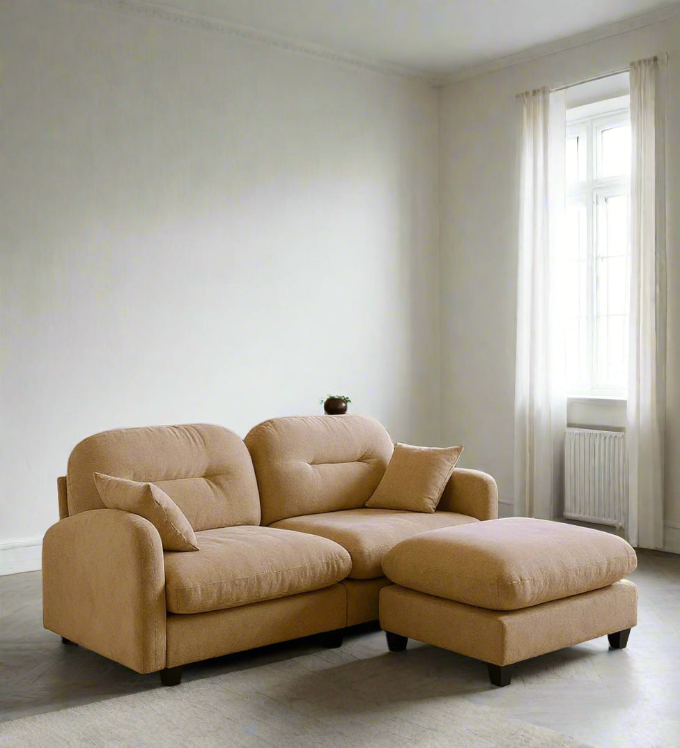 Avaya Fabric 2 Seater Sofa In Biscuit Beige Colour With Ottoman
