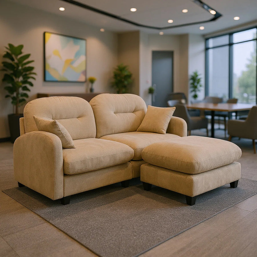 Avaya Velvet 2 Seater Sofa In Biscuit Beige Colour With Ottoman - Febonic Living