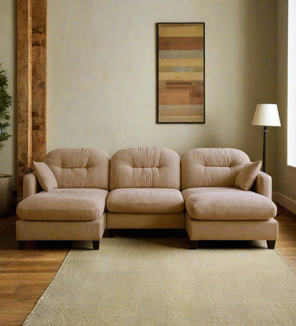 Avaya Velvet 5 Seater U Shaped Sofa In Biscuit Beige Colour