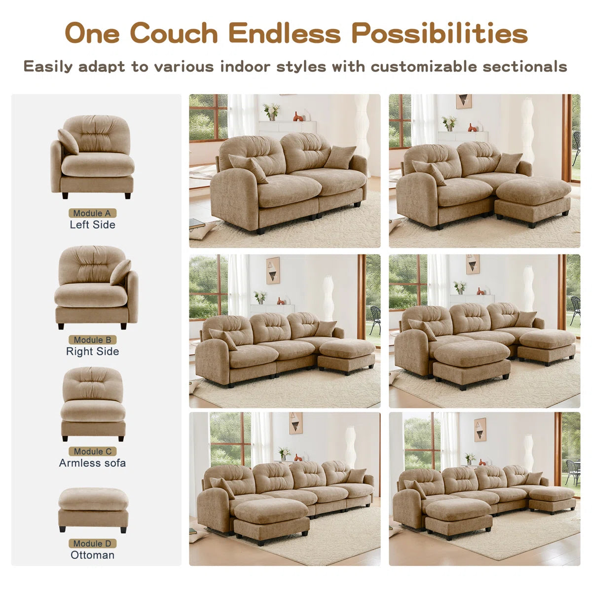 Avaya Velvet 5 Seater U Shaped Sofa In Biscuit Beige Colour
