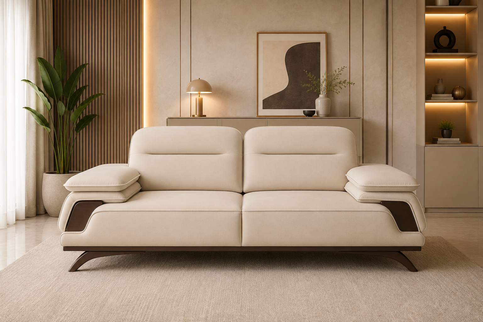 Avenzo 2 Seater Fabric Sofa - Cream Beige - Living View by Febonic Living
