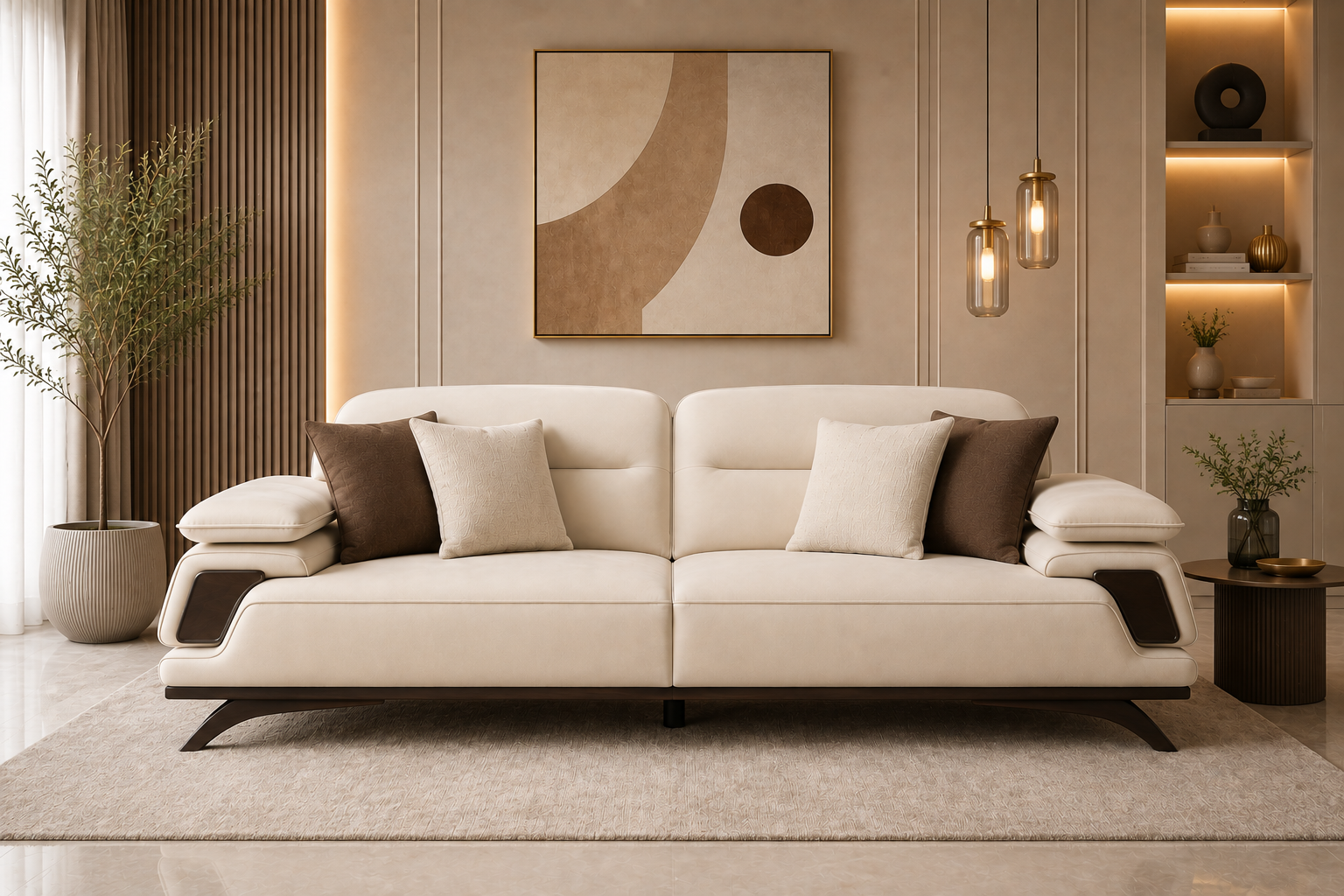 Avenzo 3 Seater Fabric Sofa - Cream Beige - Living View by Febonic Living