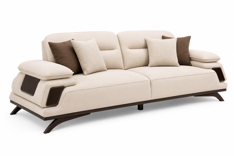 Avenzo 3 Seater Fabric Sofa - Cream Beige - Slant View by Febonic Living
