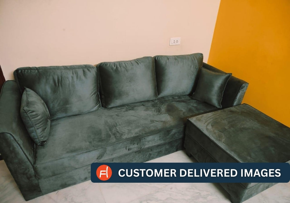 Bristo Velvet LHS Sectional Sofa (2+Ottoman Lounger) In Arabian Green Colour - Febonic Living