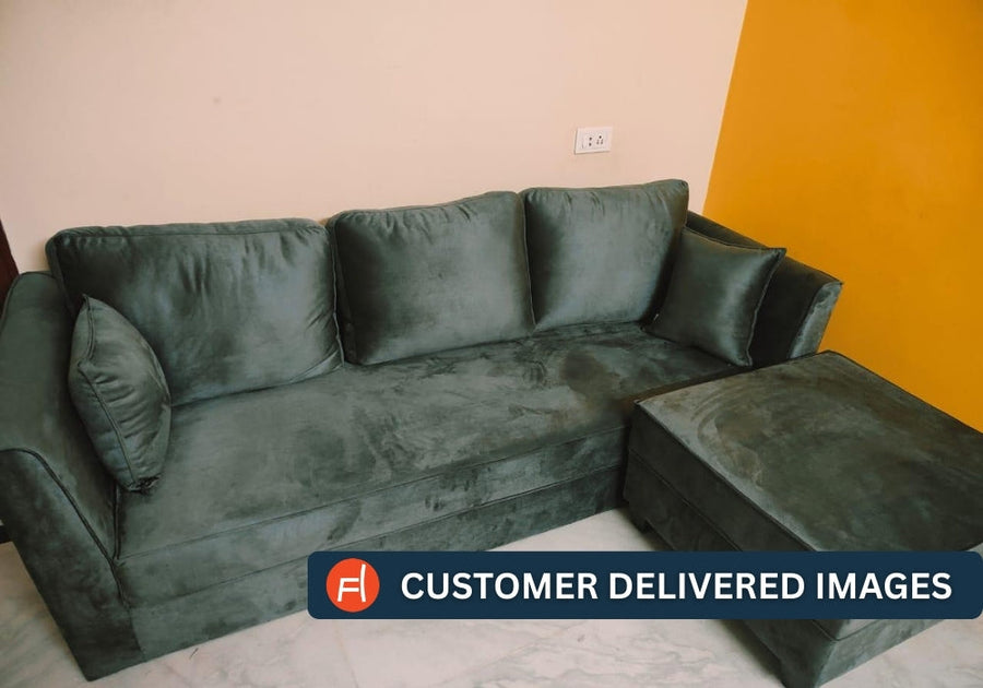 Bristo Velvet Lhs Sectional Sofa 2 Ottoman Lounger In Arabian Green Colour - Febonic Living