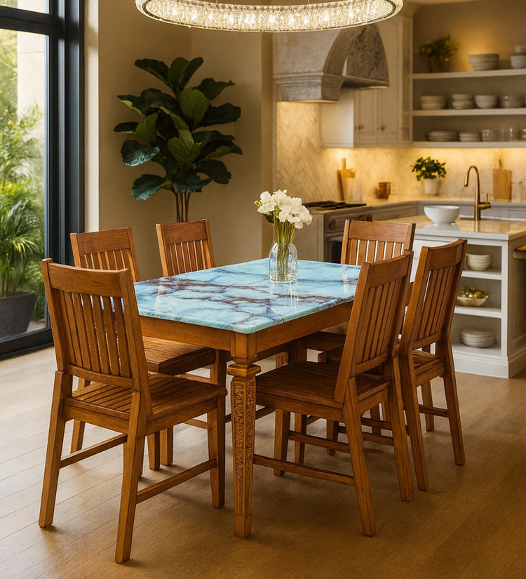 Batora Mango Wood 6 Seater Dining Set in Teak Colour With Marble Top