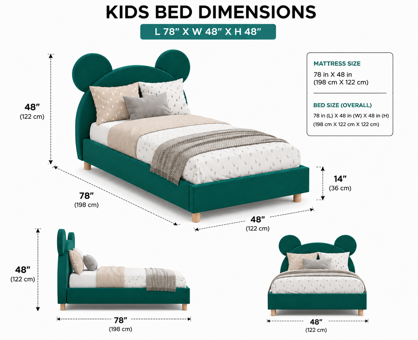 Bear Upholstered Velvet Kids Bed Without Storage - Deep Teal - Dimensions by Febonic Living
