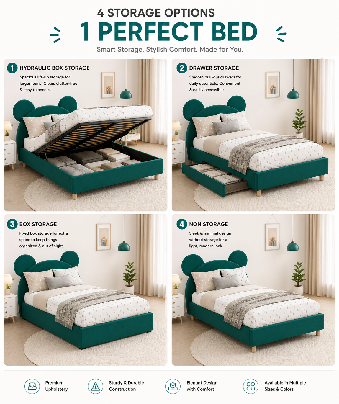 Bear Upholstered Queen Size Bed With Storage - Deep Teal - Storage Option by Febonic Living