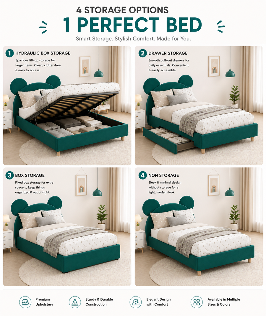 Bear Upholstered Queen Size Bed With Storage - Deep Teal - Storage Option by Febonic Living