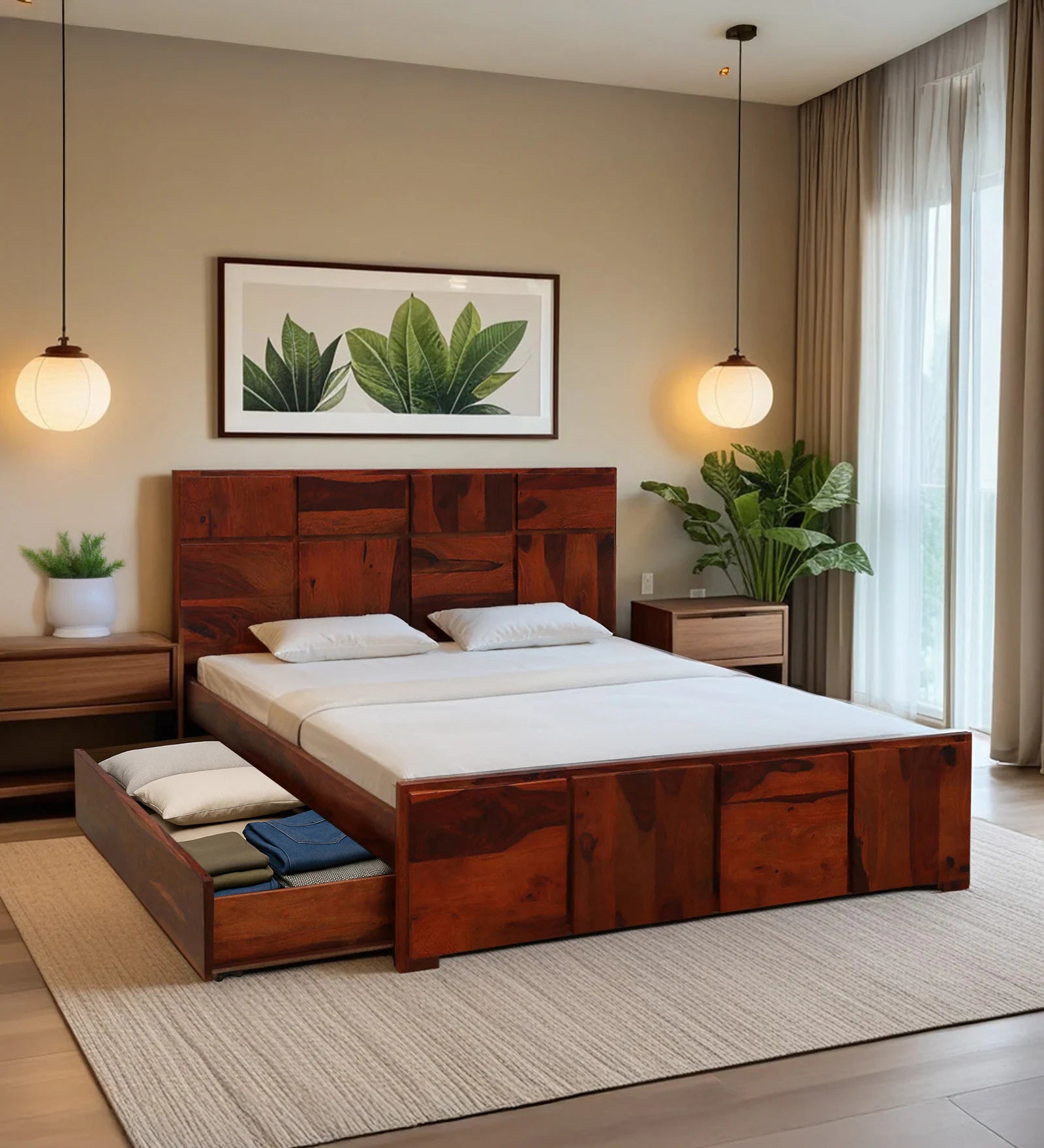 Thor Sheesham Wood Queen Size Bed In Honey Oak Finish With Drawer Storage - Febonic Living