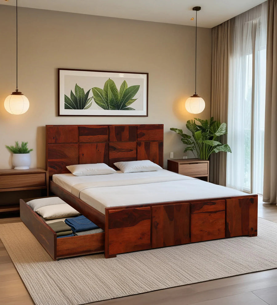 Thor Sheesham Wood Queen Size Bed In Honey Oak Finish With Drawer Storage - Febonic Living