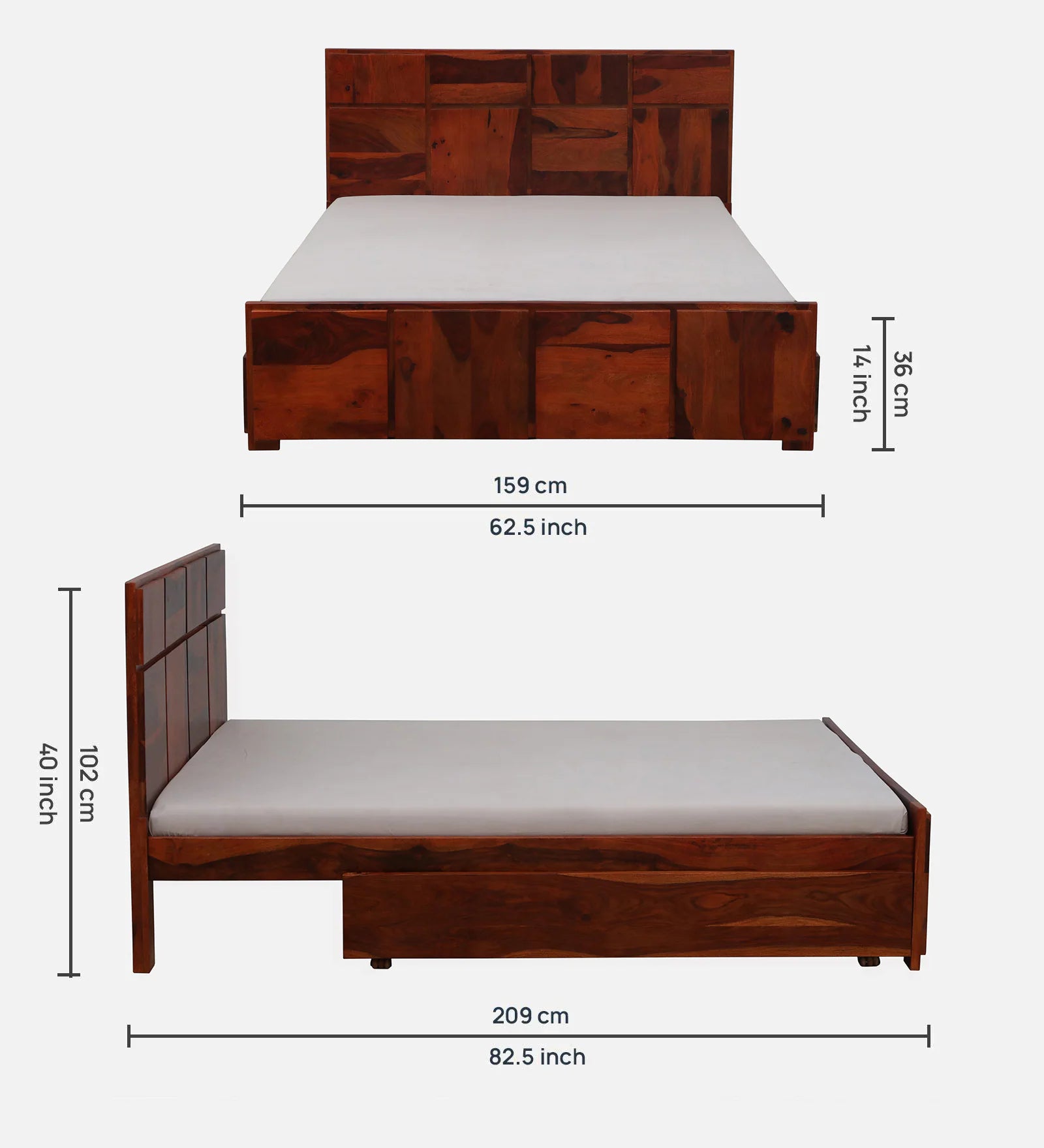 Thor Sheesham Wood Queen Size Bed In Honey Oak Finish With Drawer Storage - Febonic Living