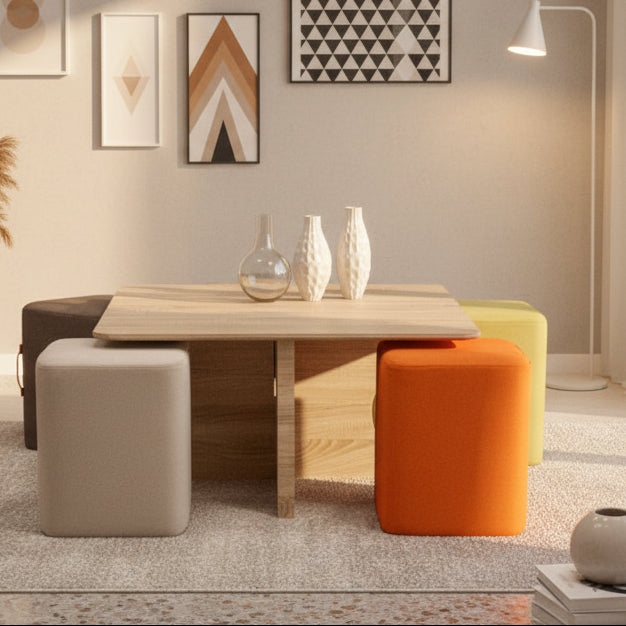 Modern living room with a wooden table and colorful ottomans.