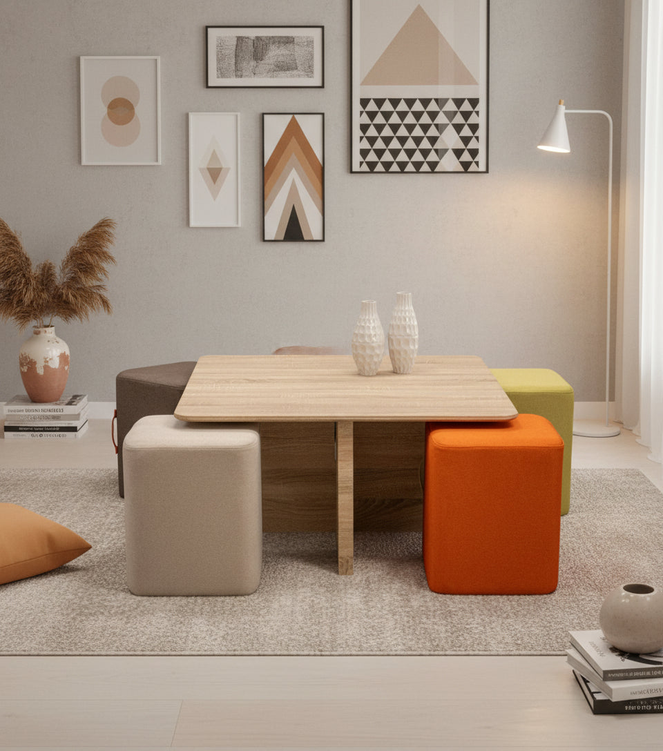 Beto Nesting Coffee Table Set In Natural Finish With Cushioned Stools