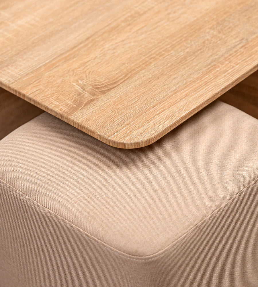 Beto Nesting Coffee Table Set In Natural Finish With Cushioned Stools