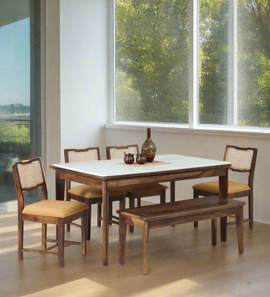 Tanu Sheesham Wood 6 Seater Dining Set In Provincial Teak Finish With Marble Top & Bench - Febonic Living