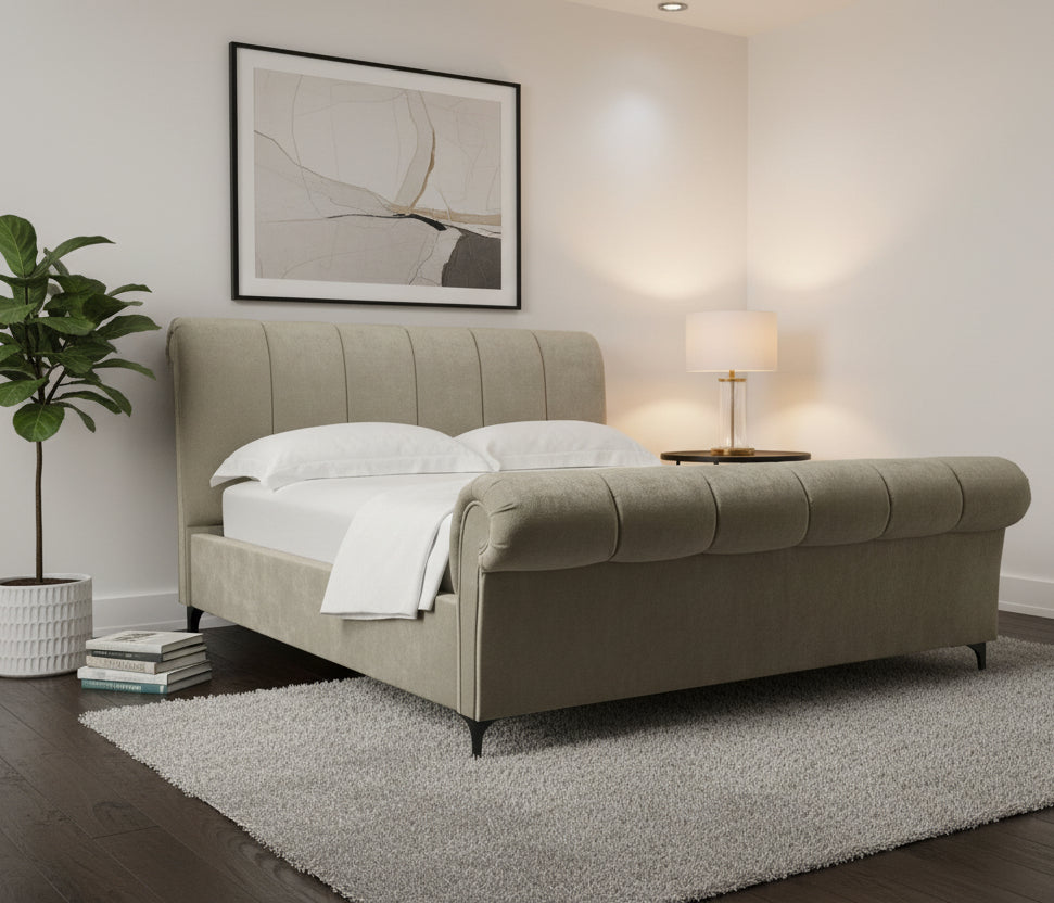 Birla Fabric Upholstered Queen Size Bed In Ash Grey Colour