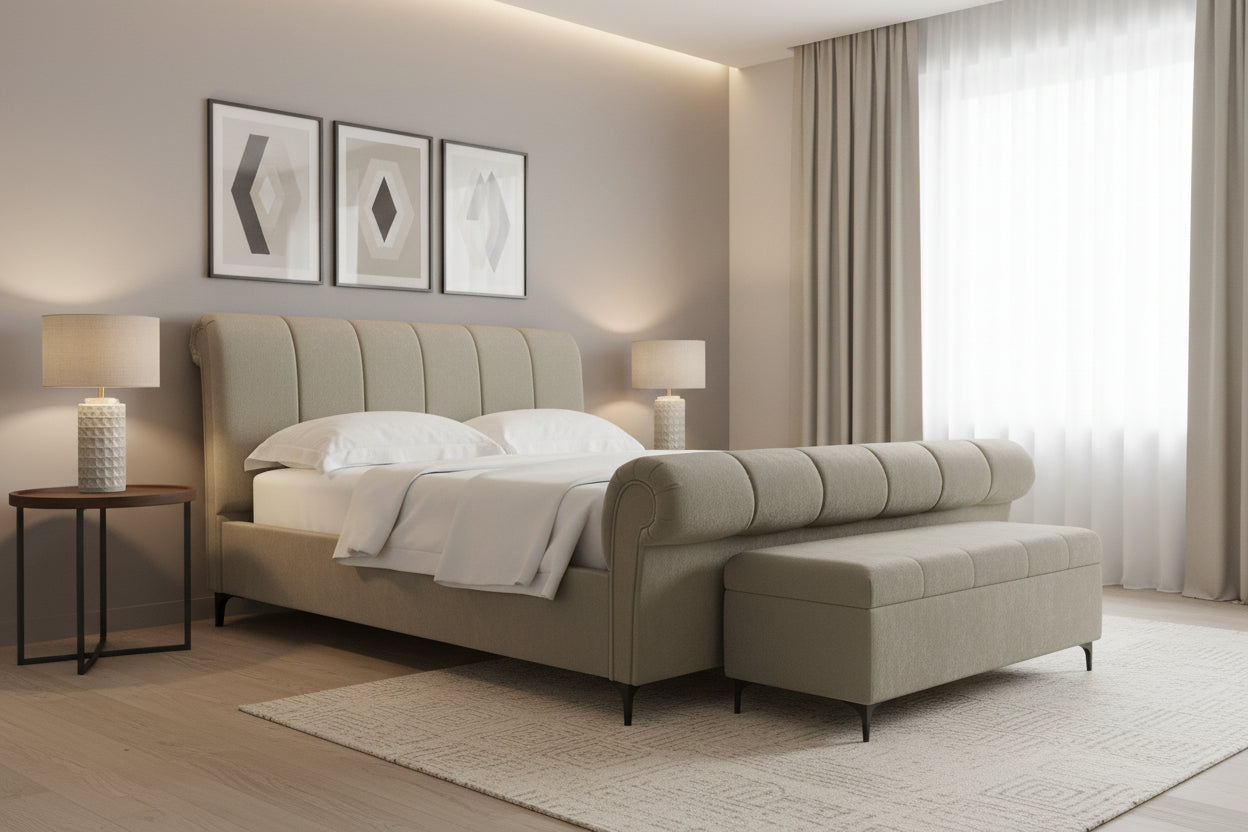 Birla Fabric Upholstered Queen Size Bed In Ash Grey Colour