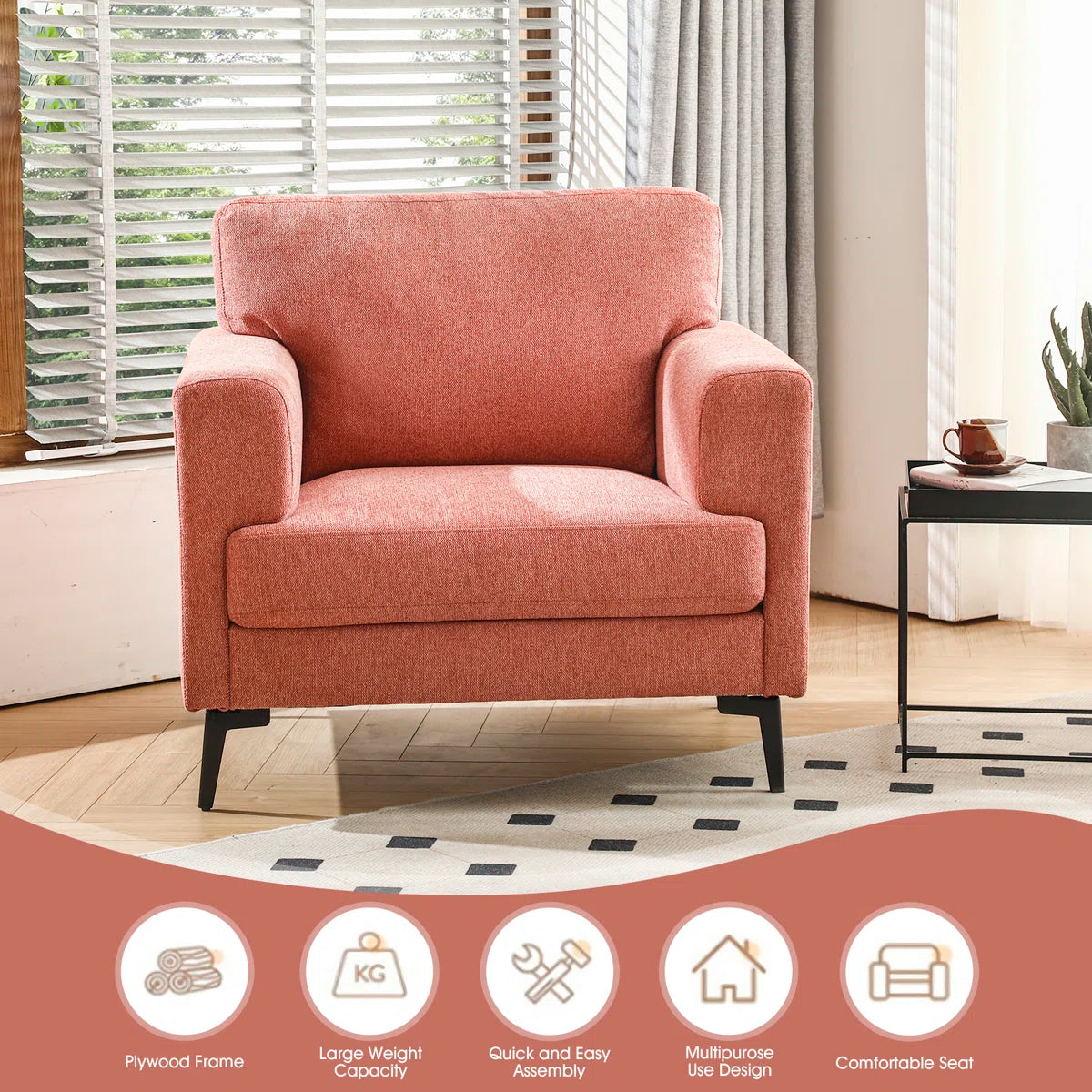 Zent Fabric Arm Chair In Salmon Pink Colour