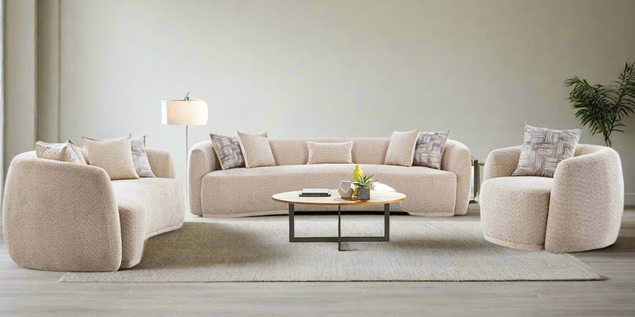 Bowmic Boucle Fabric 3 Seater Curved Sofa In Mushroom Beige Colour - Febonic Living